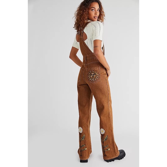 Free People Tudor Dungarees Vintage Floral Sun Brown Festival Denim Overalls - Picture 2 of 8
